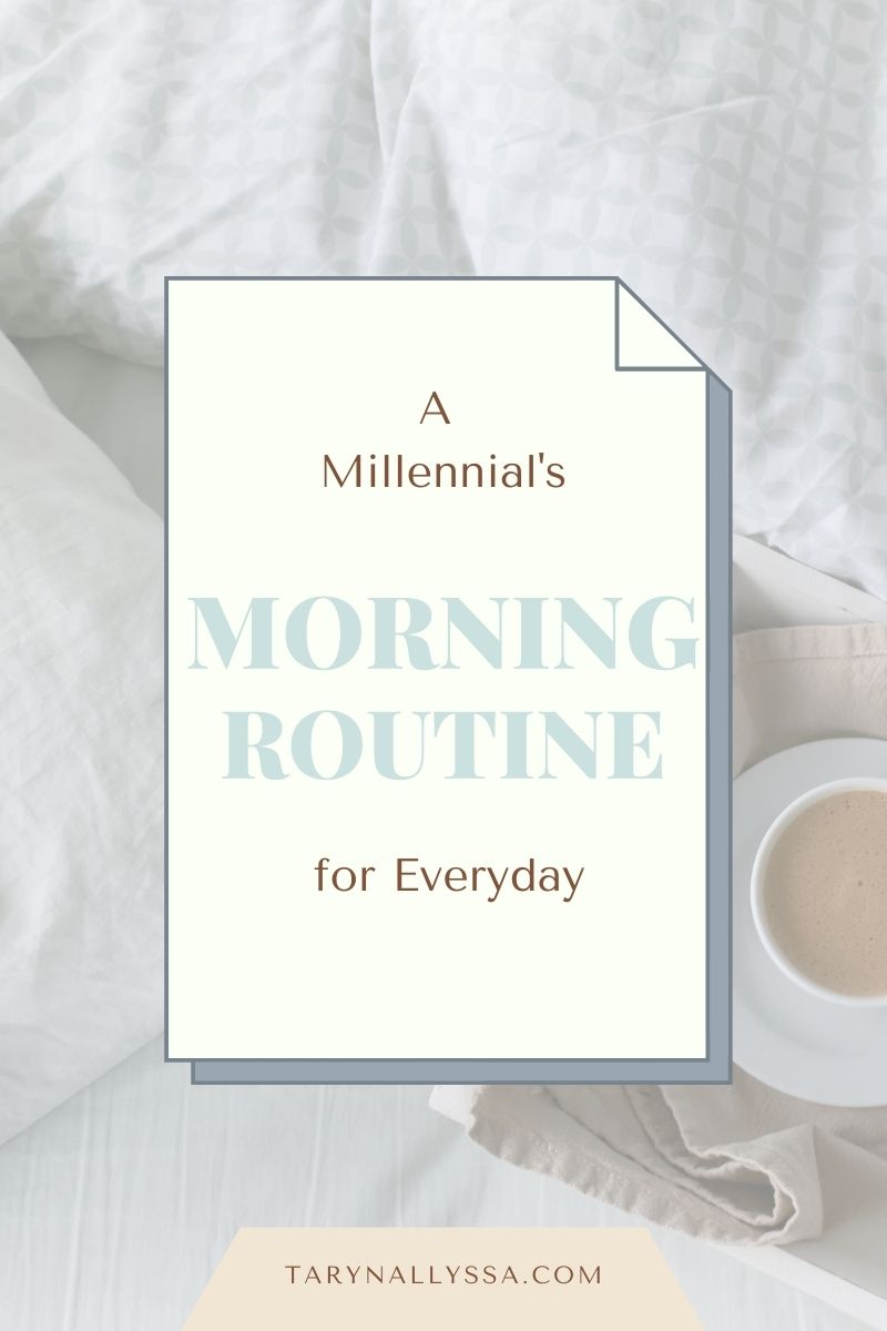 image of bed with coffee tray. text overlay reads: a millennials morning routine for everyday